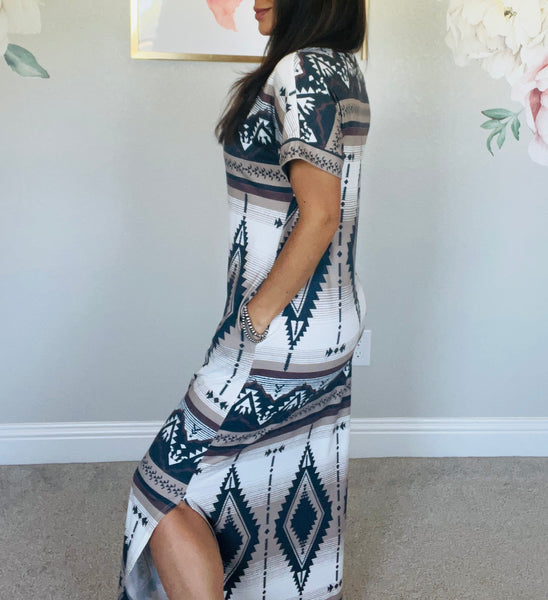 Summer Aztec Print Maxi T-Shirt Dress