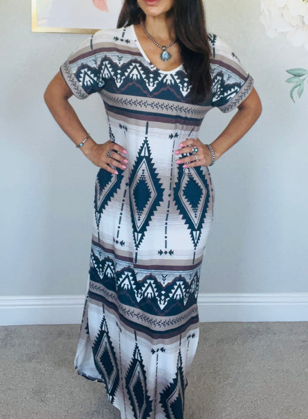 Summer Aztec Print Maxi T-Shirt Dress