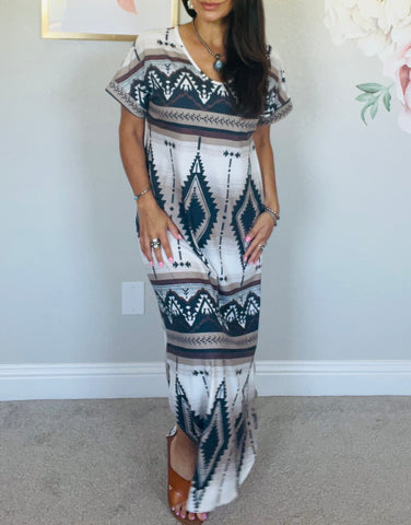 Summer Aztec Print Maxi T-Shirt Dress